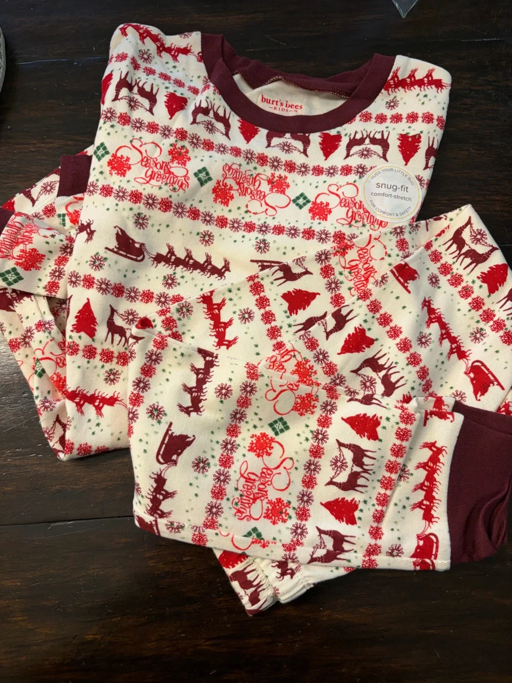 NWT ✨ Burt's Bees Kids Red & Cream Holiday Reindeer Snug-Fit Pajama Set - 8